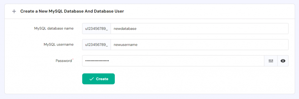 The database creation menu in hPanel