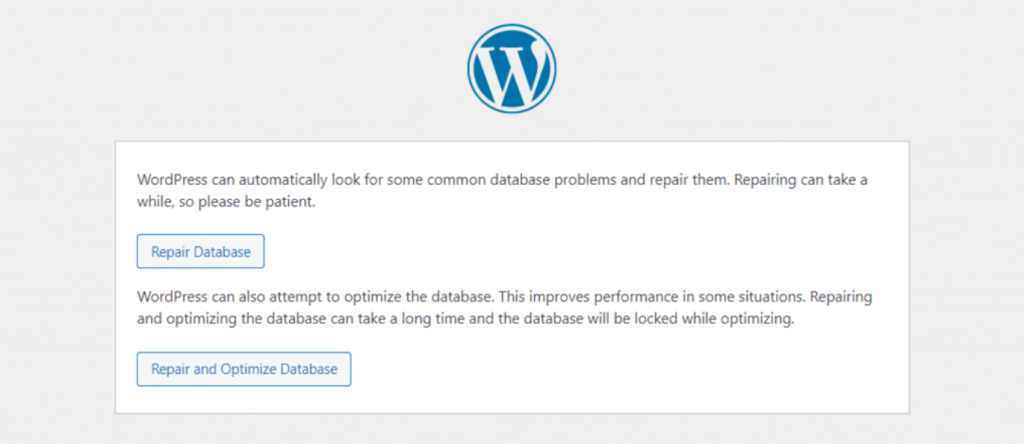 The WordPress database repair function screen