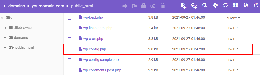 wp-config.php file on the File Manager