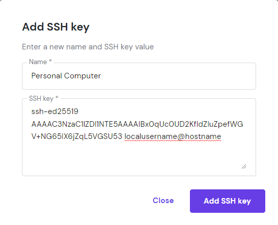 The Add SSH key window on hPanel, prompting users to insert the name and public key to connect to their server remotely from their computer