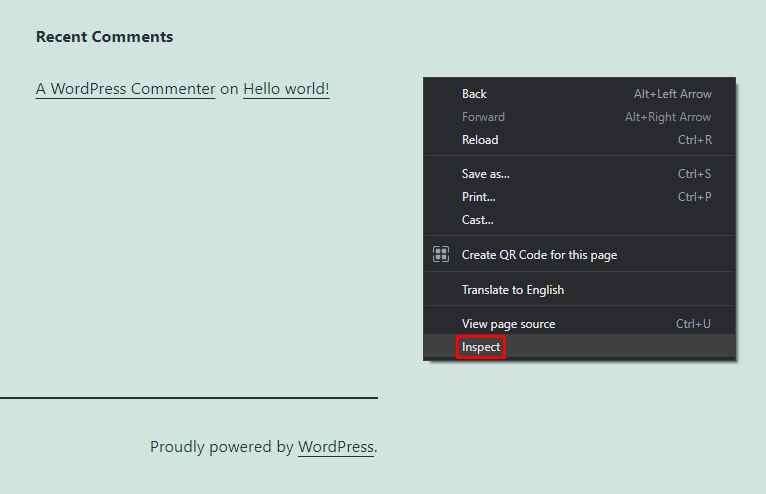 A popup window highlighting the inspect button in a WordPress page. 