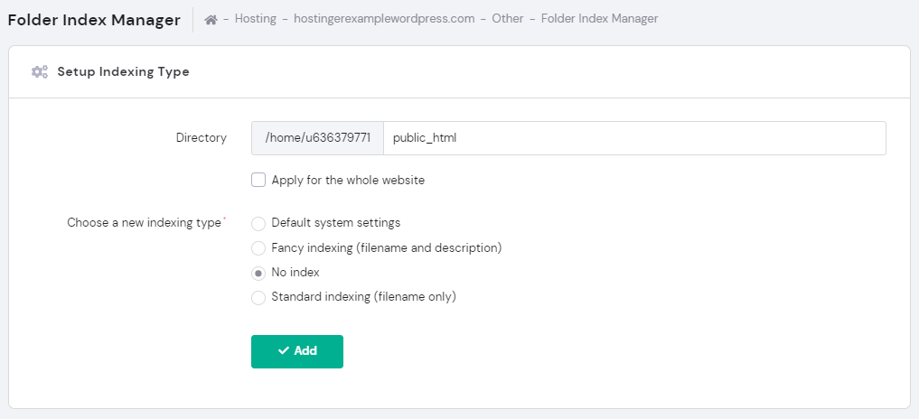 The Folder Index Manager in hPanel