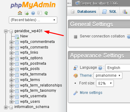Selecting a database in phpmyadmin