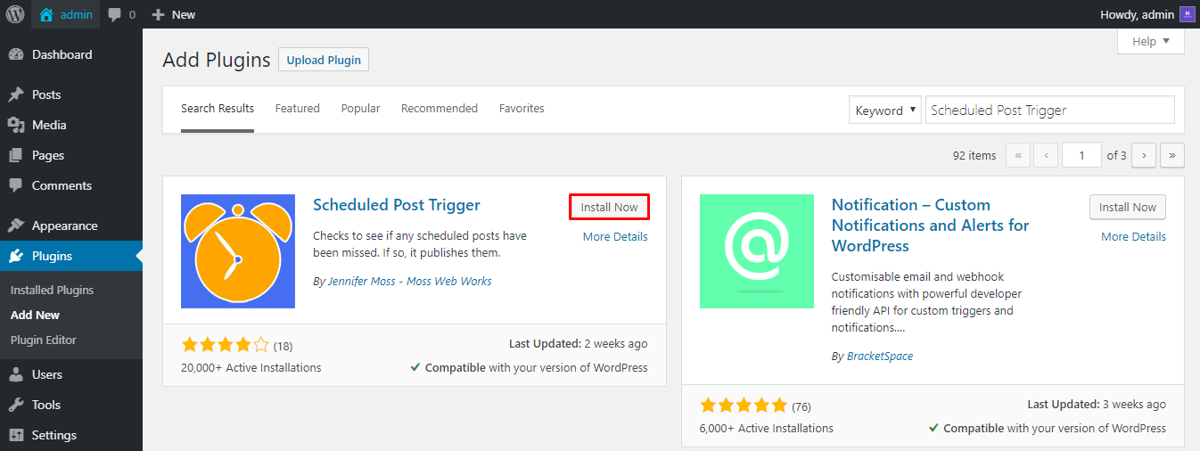 WordPress dashboard, installing a new plugin "Scheduled Post Trigger"
