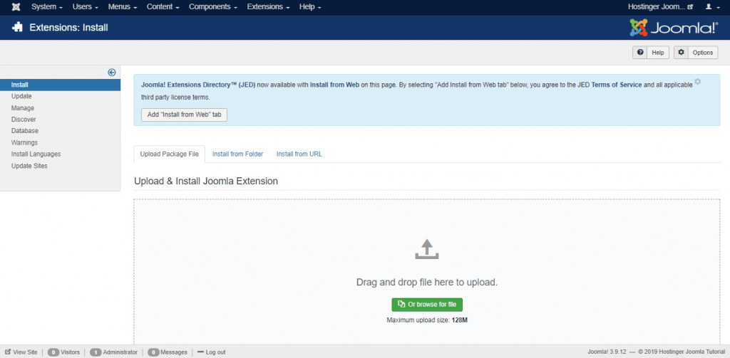 Screenshot of how to install extensions in Joomla