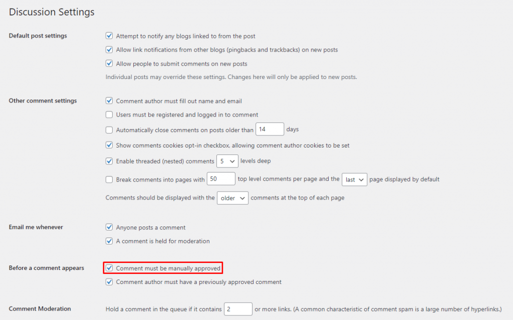 Comment manual approval settings on WordPress