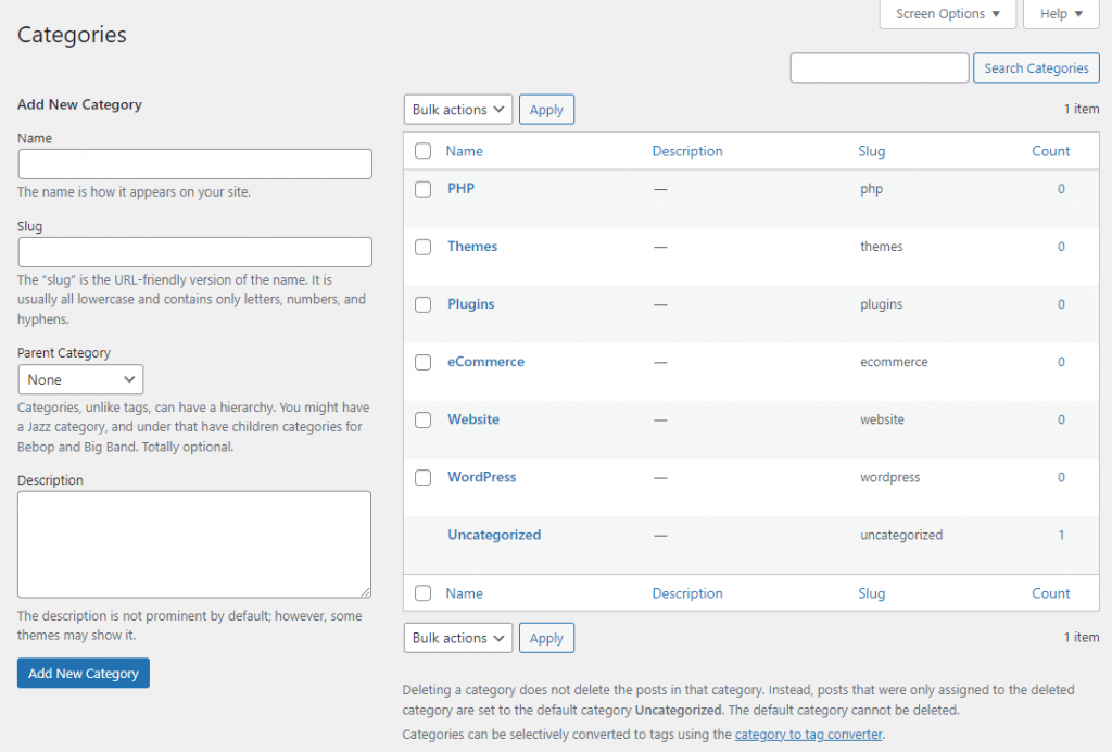 WordPress categories panel