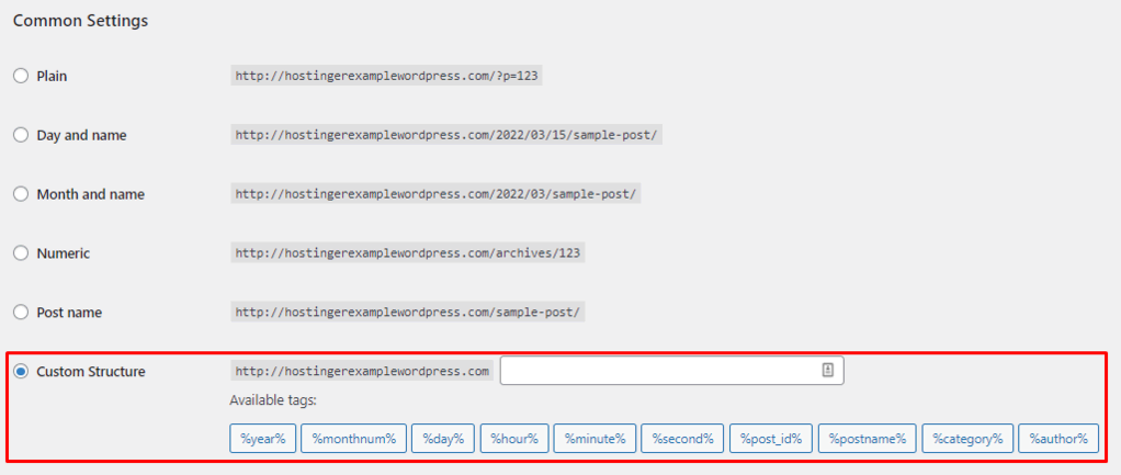 WordPress settings panel, highlighting the custom structure setting