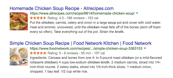 Examples of a Schema markup from the SERP of "homemade chicken soup recipe"