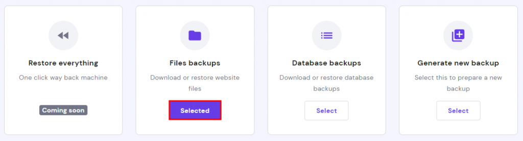 The Files backups option inside the Backups menu on hPanel