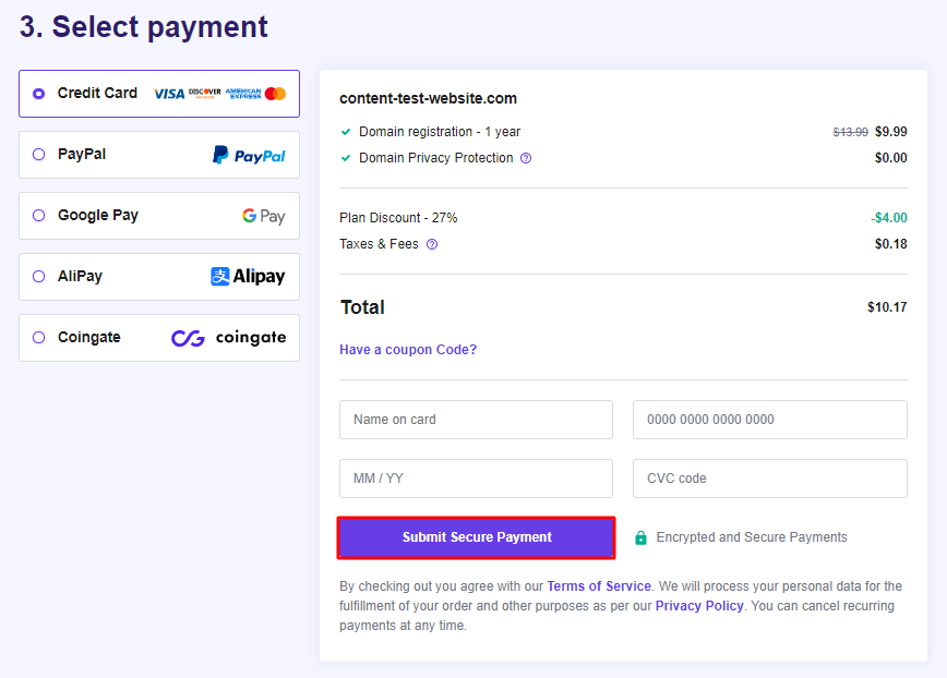 The Hostinger Domain Checker shopping cart page showing the Select Payment step of the domain purchasing checkout process.
