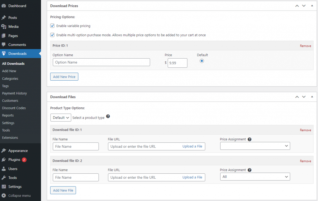 Easy Digital Downloads' Add New Product page, showing download price and file configuration options.