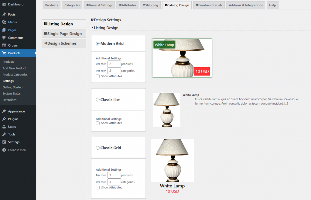 eCommerce Product Catalog dashboard, showing the catalog design settings.