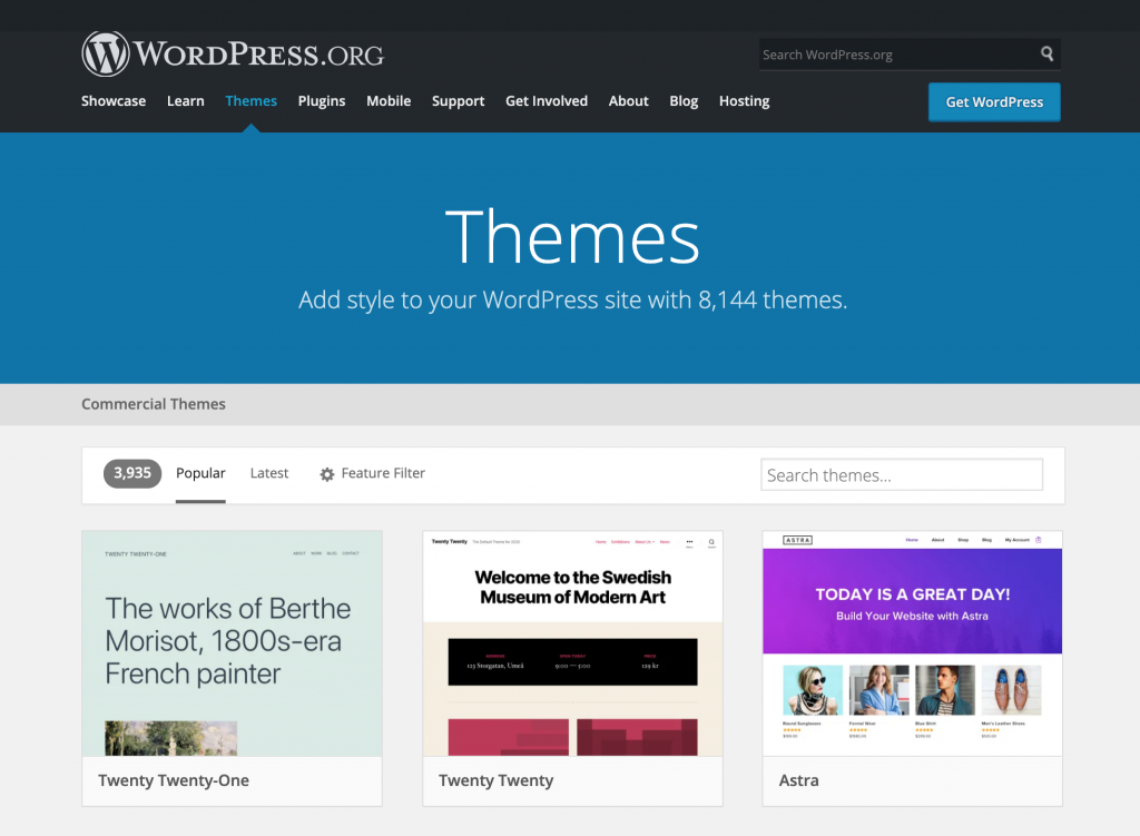 Screenshot showing WordPress themes directory