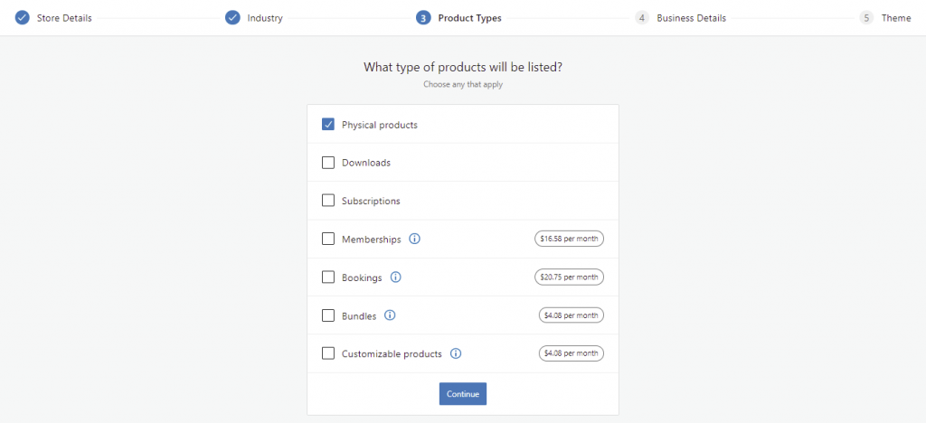 Selecting the product types the new online store sells