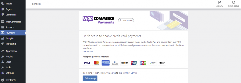 Setting up WooCommerce Payments extension