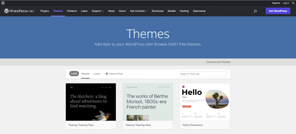 The WordPress theme directory, showcasing free official themes