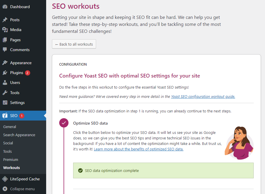 Yoast SEO configuration showing SEO workouts features