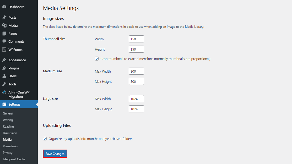 Screenshot of the save changes button in WordPress settings