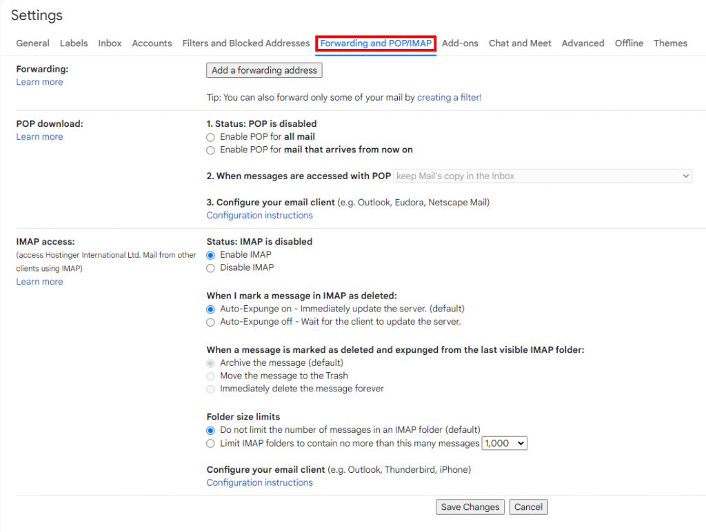 The Forwarding and POP/IMAP button in the Gmail Settings
