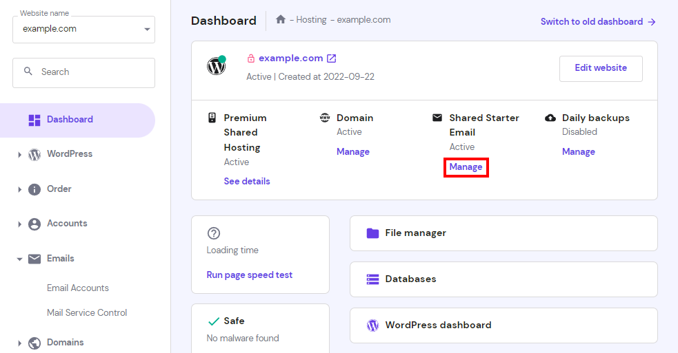 The Manage button under the email plan on hPanel
