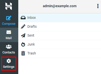 Hostinger's Webmail interface with the Settings menu highlighted