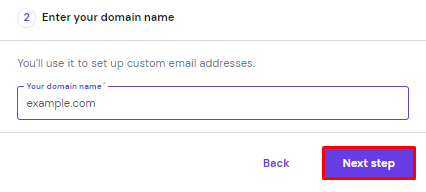The Enter your domain name field on hPanel with the Next step highlighted