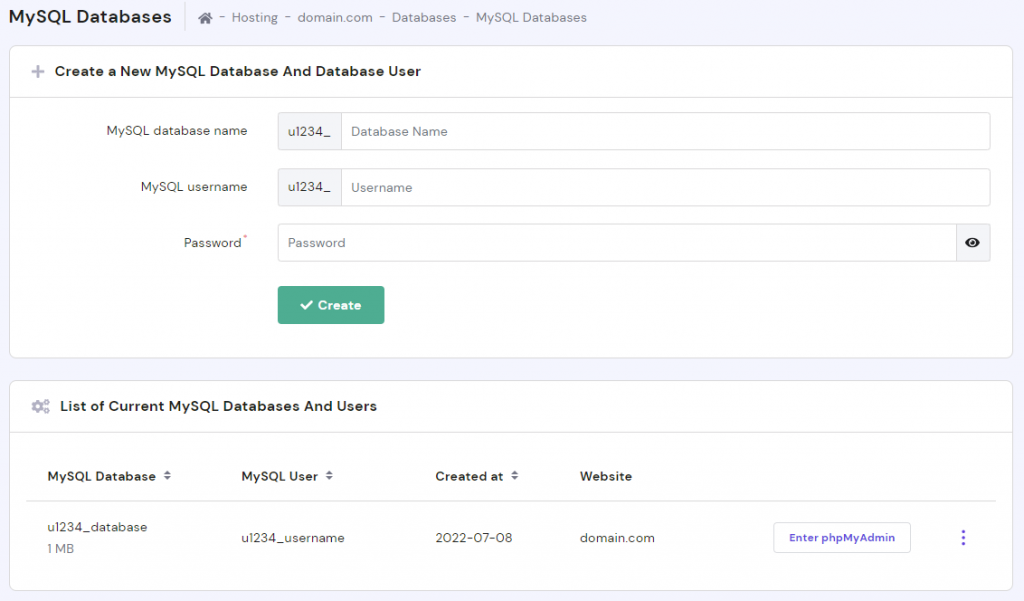The list of current databases and users in hPanel
