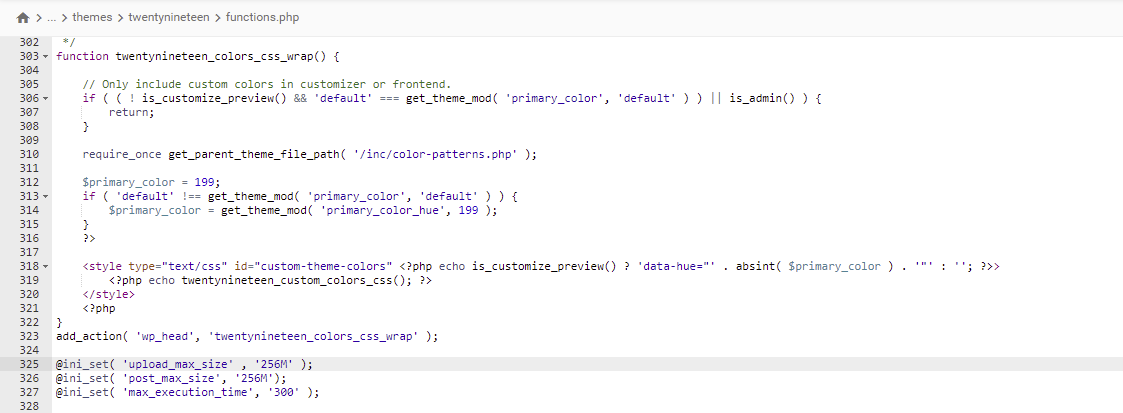 Editing functions.php file to set upload max size.