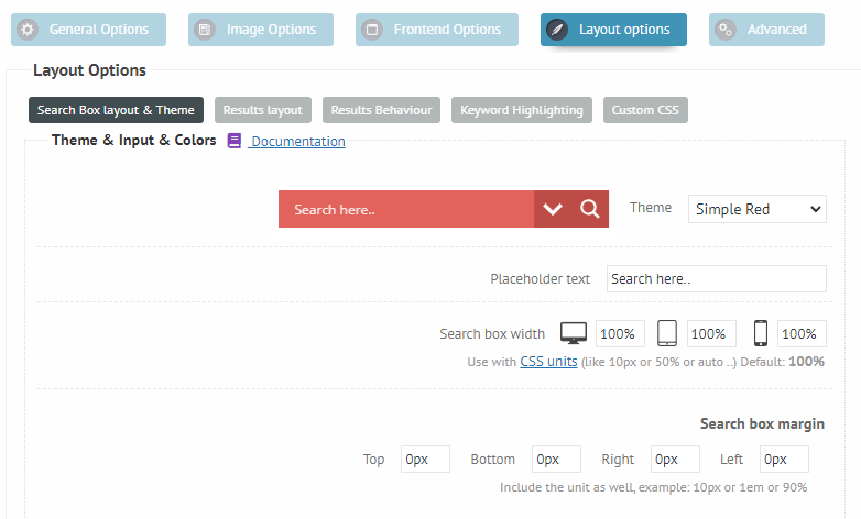 AJAX Search Lite settings page, showing the layout options panel
