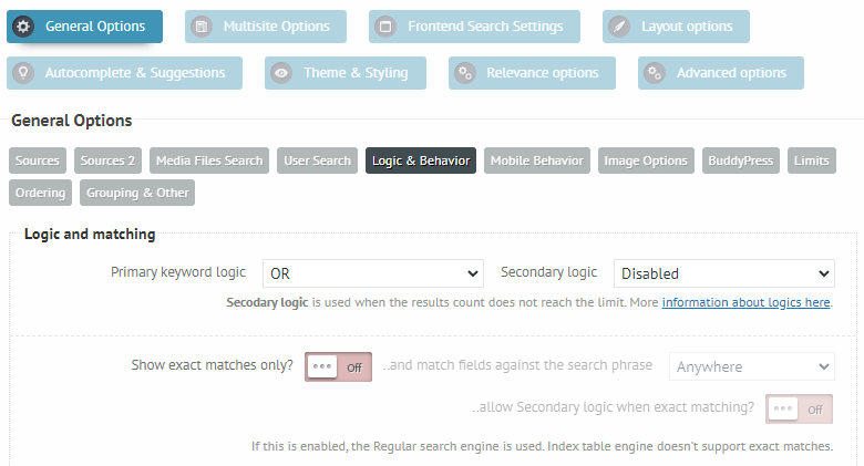 AJAX Search Pro plugin dashboard, showing the Logic and Behaviour tab