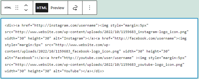 The custom HTML block containing the HTML code to insert the social icons widget
