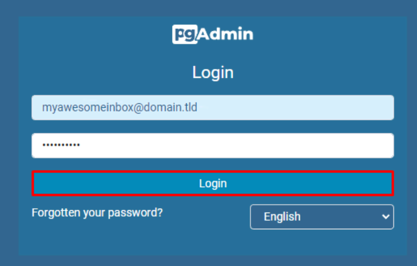 Login screen for pgAdmin GUI with the login button highlighted