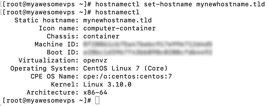 The output of hostnamectl command on a terminal