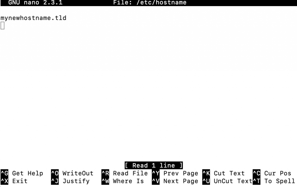 /etc/hostname file opened with a nano editor
