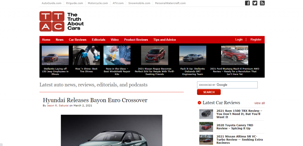 The Truth About cars home page featuring a new car from Hyundai