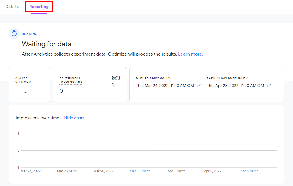Test report tab on Google Optimize
