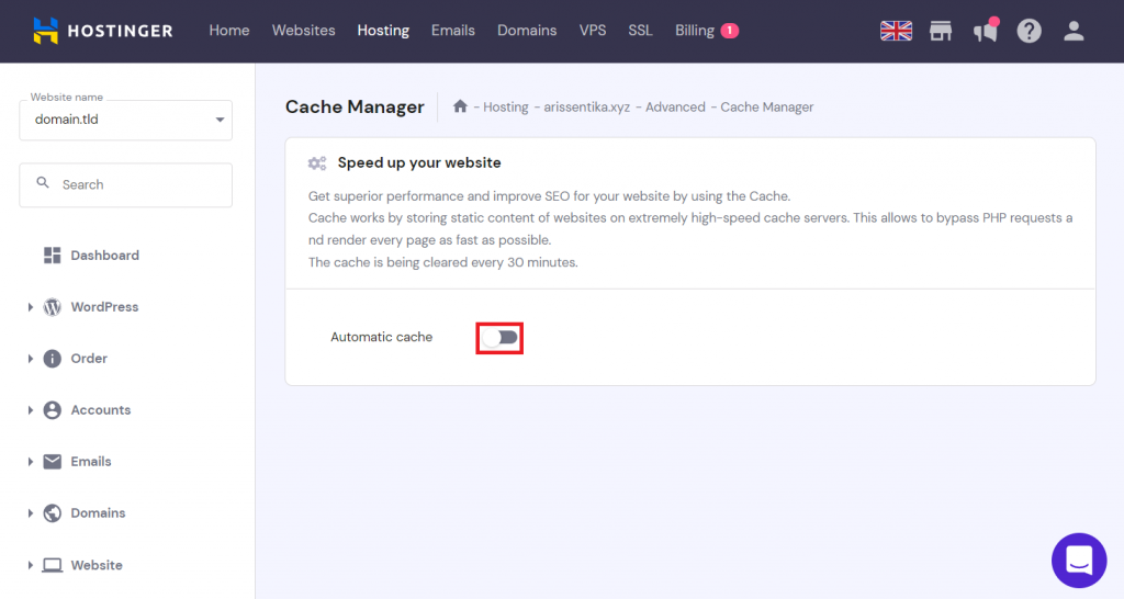 Enabling the Automatic cache option on hPanel
