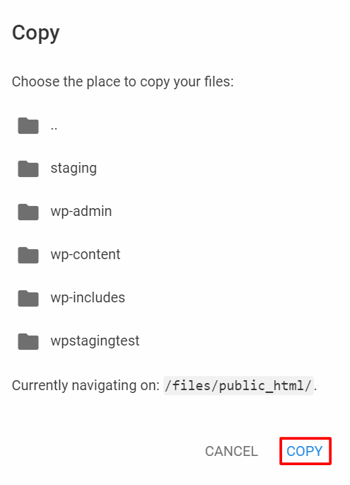 The Copy pop-up window, with a list of places where you can copy the files