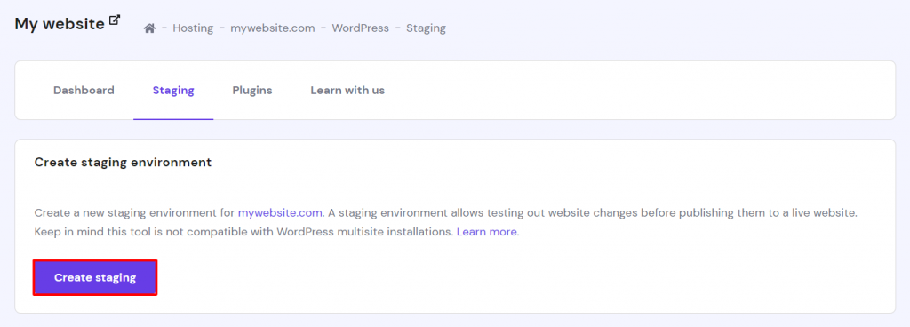 The Create staging button inside hPanel's Staging menu