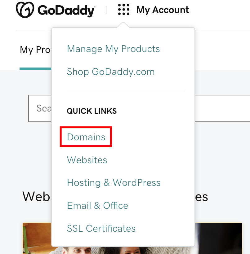 GoDaddy account view, quick link to domains is highlighted
