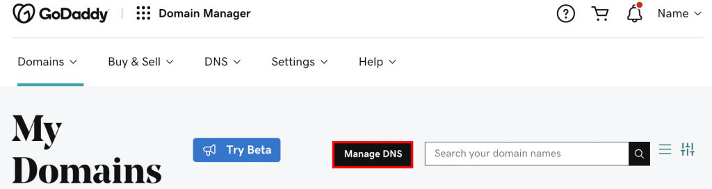 GoDaddy domain manager view. Manage DNS button is highlighted