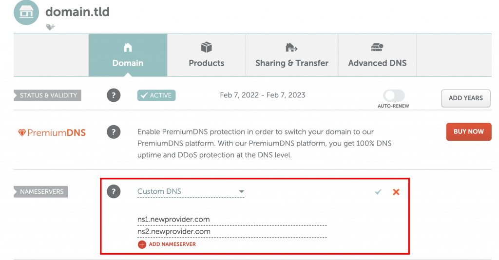 The Domain section on the Namecheap website. The Custom DNS section is highlighted