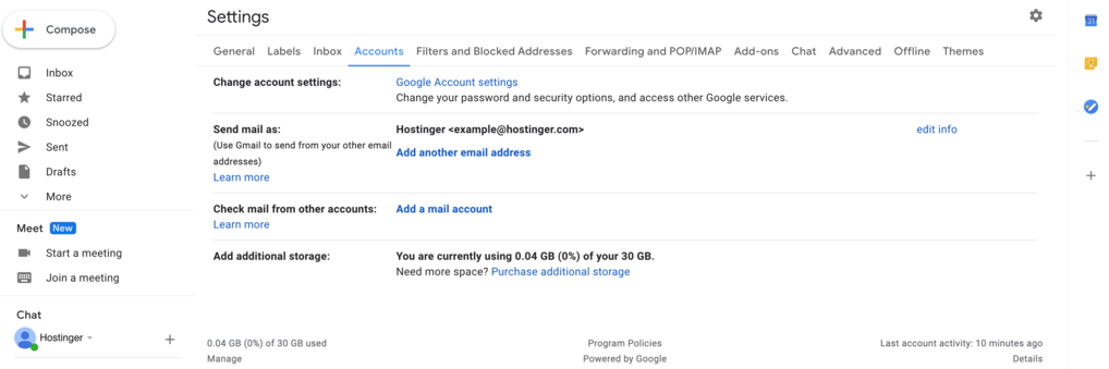 Accounts tab under Gmail settings