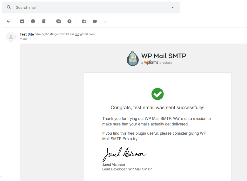 Test email sent successfully message from WP Mail SMTP