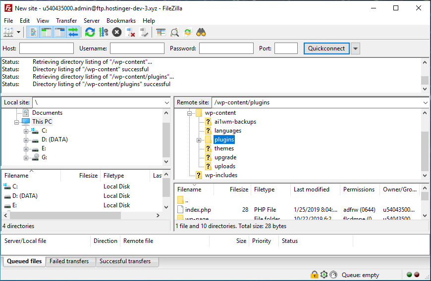Screenshot demonstrating how to upload wp-content/plugins/ folder