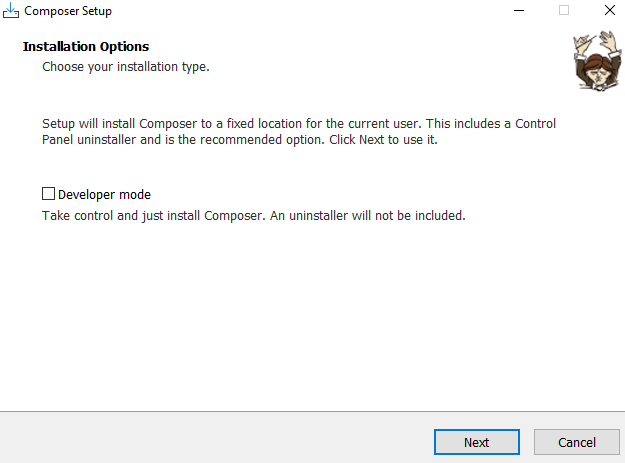 Installation window for Composer on a Windows machine. Note that users need to install PHP (xamp) before installing Composer