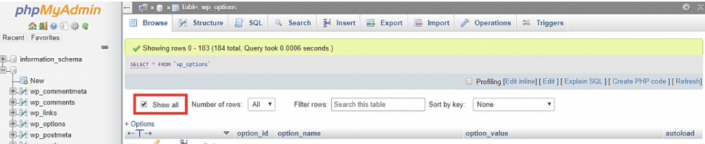 phpMyAdmin, expand your table’s content by checking the "Show all" option.
