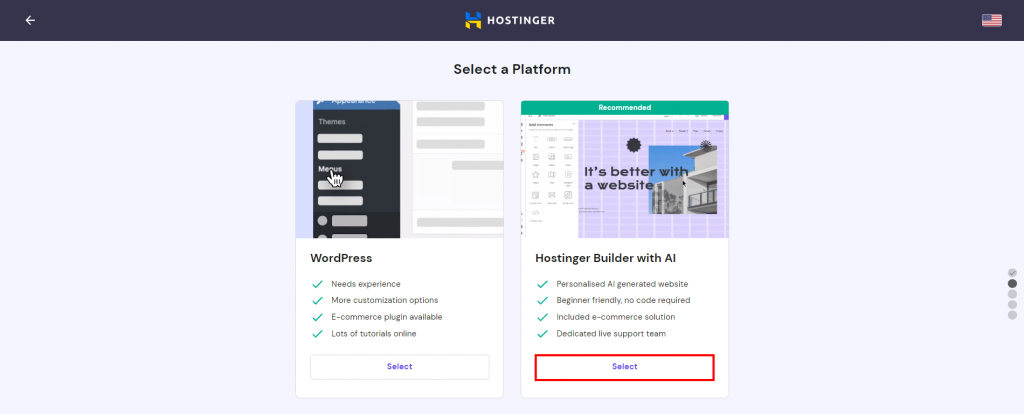 Hostinger's website setup wizard with the Select button on the Hostinger Builder with AI option highlighted