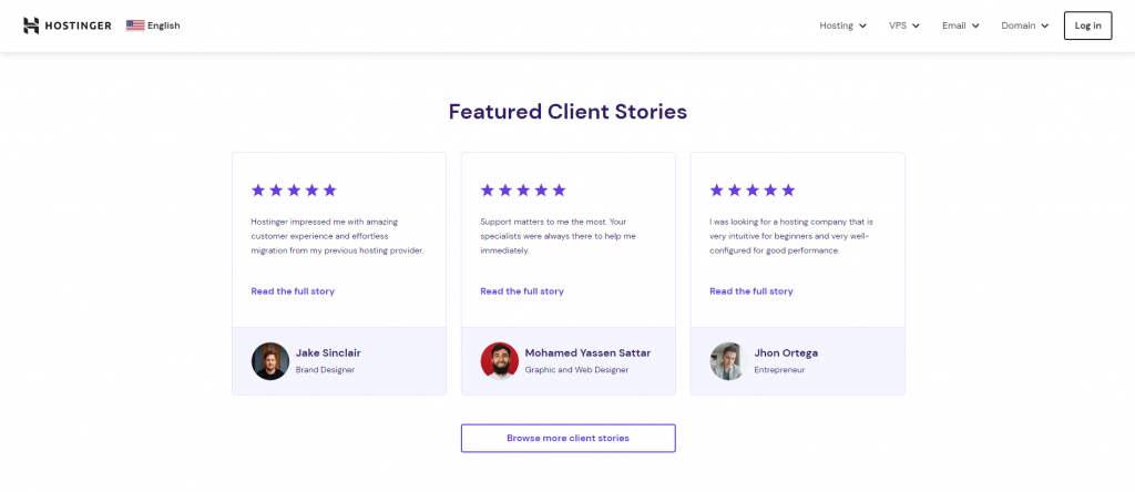 Hostinger's Featured Client Stories section